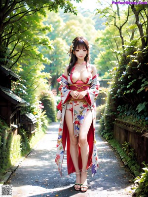A woman in a kimono is walking down a path.