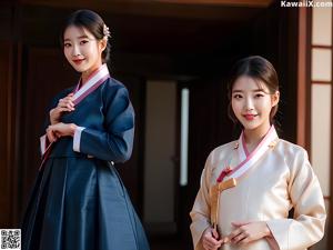 A couple of women standing next to each other in hanbok.
