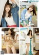 A collage of photos of a woman in a bikini and a denim jacket.