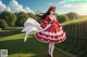 A woman in a red and white dress is dancing in the grass.